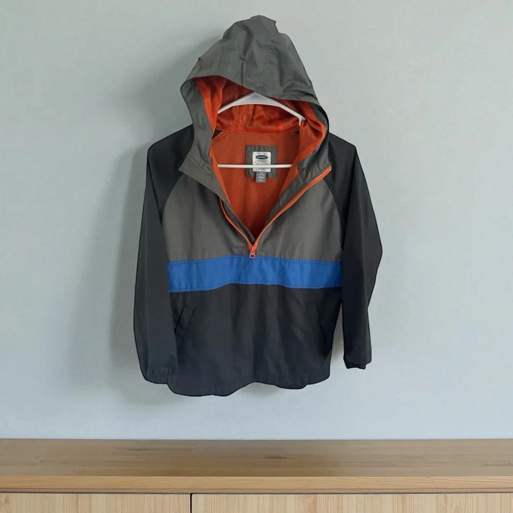 ✨2/$28✨ Old Navy Gray, Orange & Blue Striped Windbreaker Jacket•L